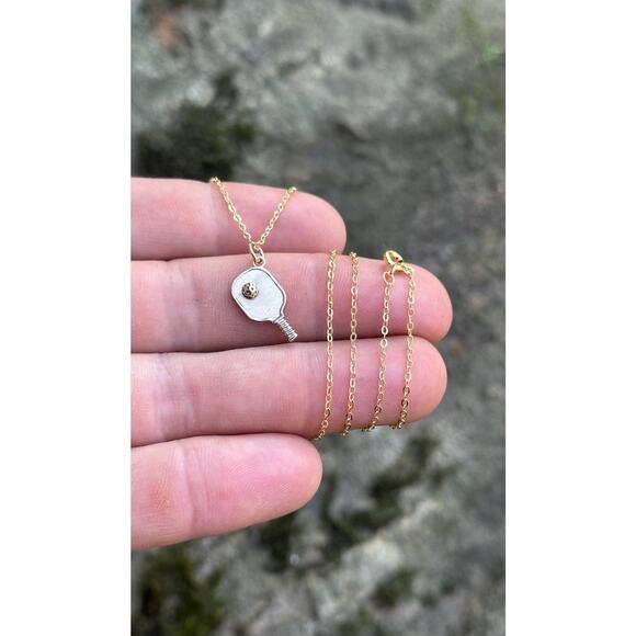 14K Gold Plated Necklace with Bronze Pickleball Paddle and Ball Charm - Picture 1 of 5